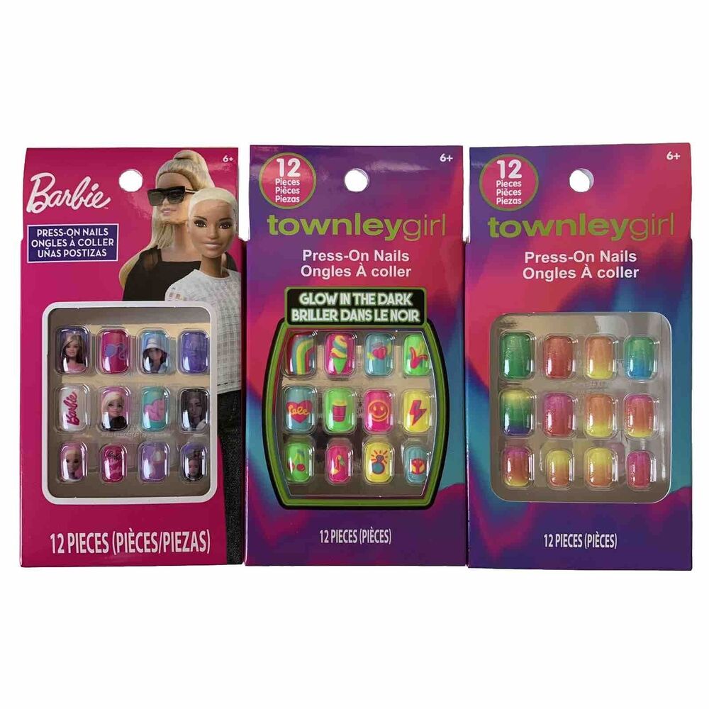 Barbie Press On Nails Glow in the Dark Rainbow 3 Variety Lot Child Size Ages 6+